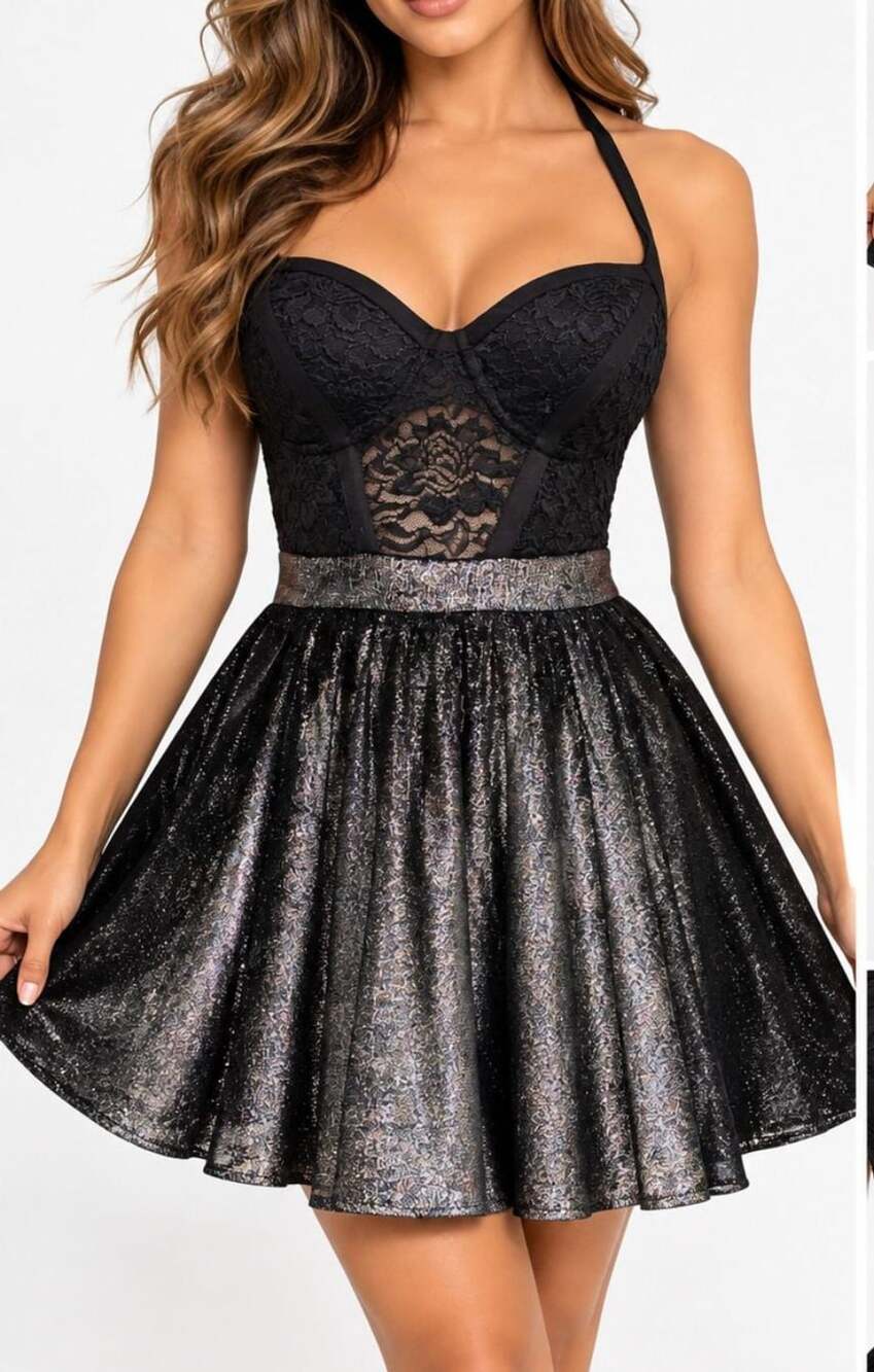 Bebe Lace Metallic Velour Mini Dress Size S Gold Black